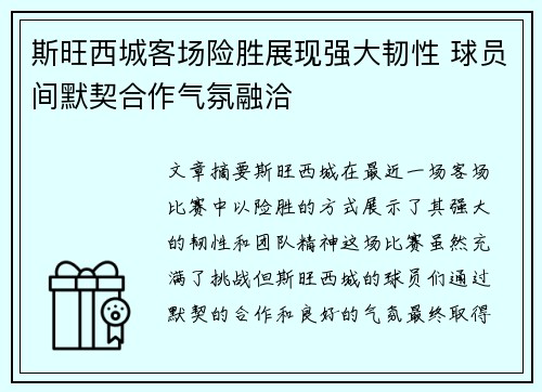 斯旺西城客场险胜展现强大韧性 球员间默契合作气氛融洽
