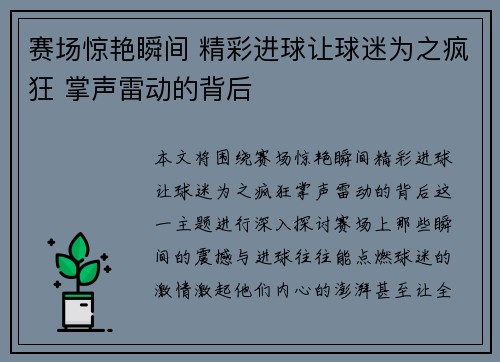 赛场惊艳瞬间 精彩进球让球迷为之疯狂 掌声雷动的背后
