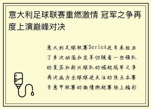 意大利足球联赛重燃激情 冠军之争再度上演巅峰对决
