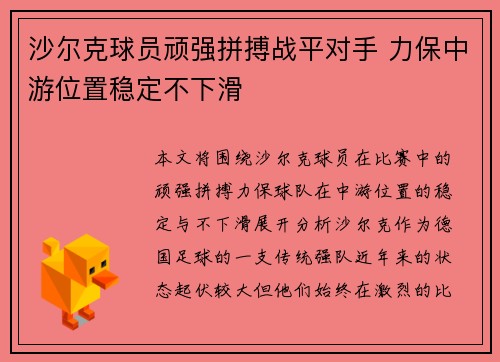 沙尔克球员顽强拼搏战平对手 力保中游位置稳定不下滑