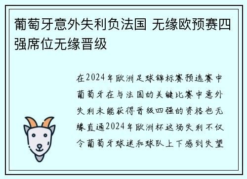 葡萄牙意外失利负法国 无缘欧预赛四强席位无缘晋级