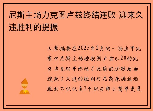 尼斯主场力克图卢兹终结连败 迎来久违胜利的提振