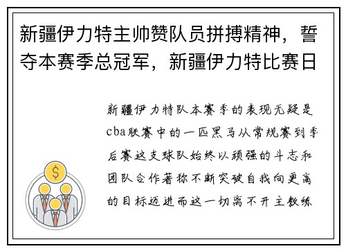 新疆伊力特主帅赞队员拼搏精神，誓夺本赛季总冠军，新疆伊力特比赛日程